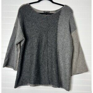 Eileen Fisher Gray 3 Tone Boxy Wool Blend Ribbed 3/4 sleeve Sweater Size Medium